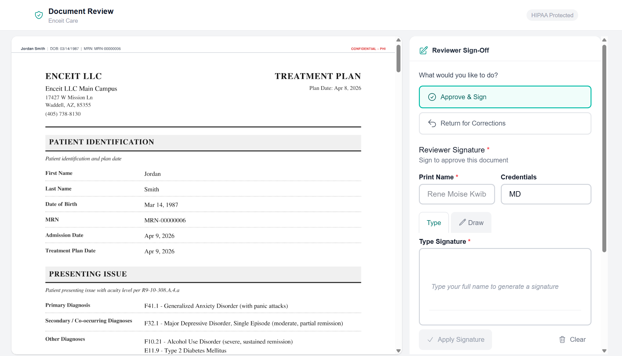 External reviewer approval page with treatment plan PDF and signature panel