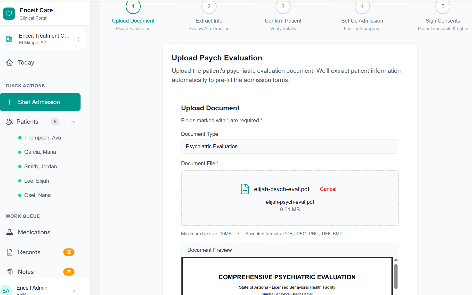 Admission wizard showing psych eval upload with 5-step stepper and document preview