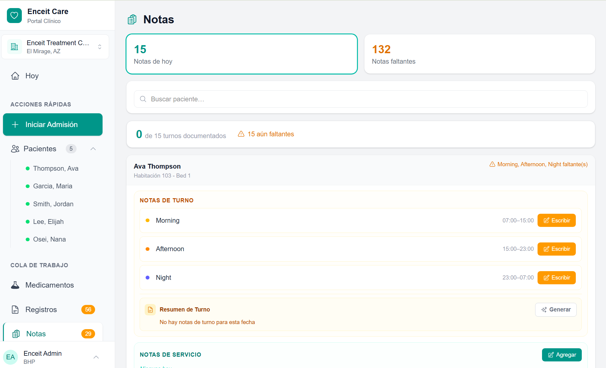 Clinical notes dashboard showing daily shift notes, missing notes tracking, and work queue